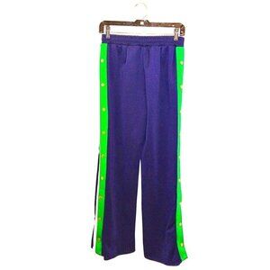 BLASHE COLLECTIONS BLUE JOGGER PANTS W/ GREEN & WHITE STRIPES & GOLD BUTTON TRIM